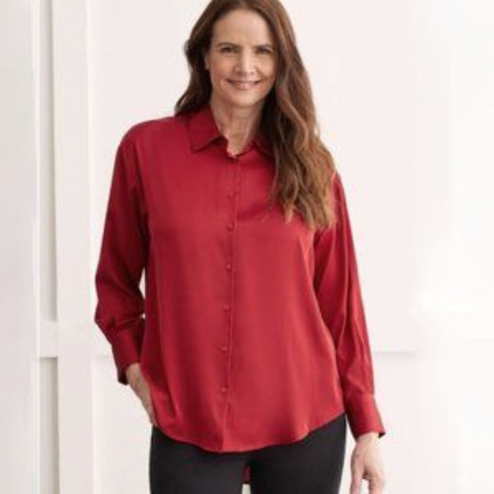 Tilley Silk Red Loose Oversized Button Up Shirt Blouse Small